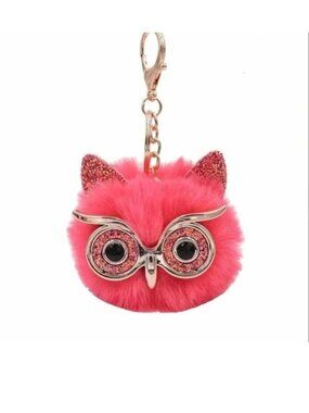 OWL Bag Charm Keychain Pom Pom Purse Pink Glasses Rhinestones Glam Fuzzy Trendy